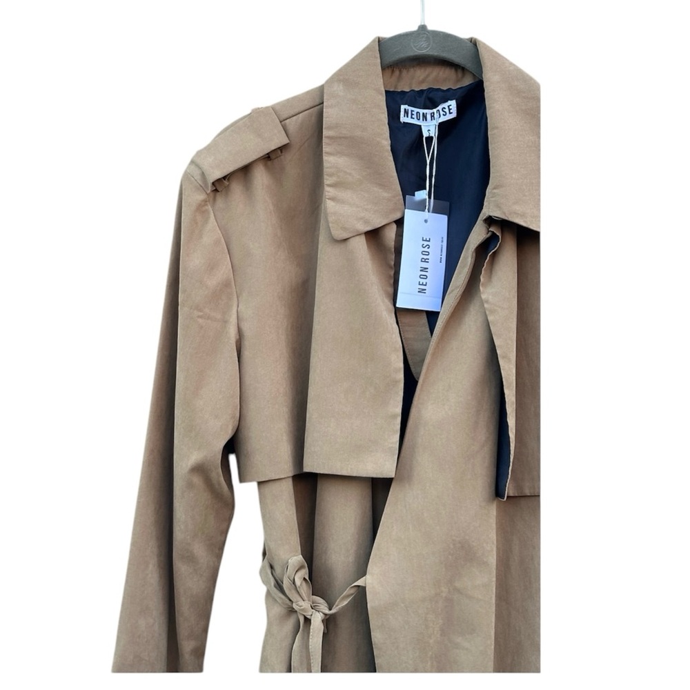 Neon Rose ASOS Camel Taupe Duster Trench Coat Belted Lightweight NWT Small - Picture 4 of 7